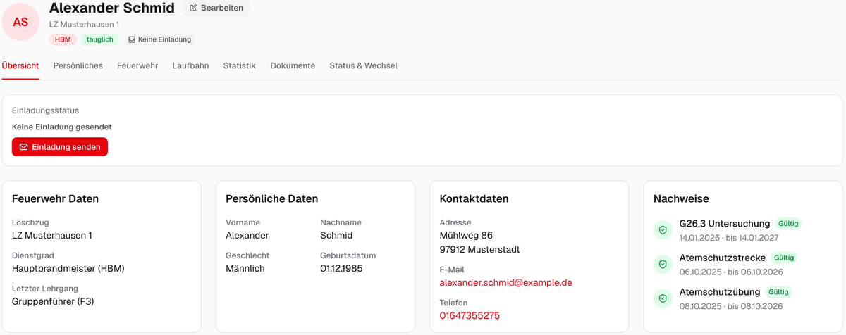 Screenshot der Mitglieder-Übersicht mit Stammdaten, Feuerwehr-Daten, Kontakt und Nachweisen