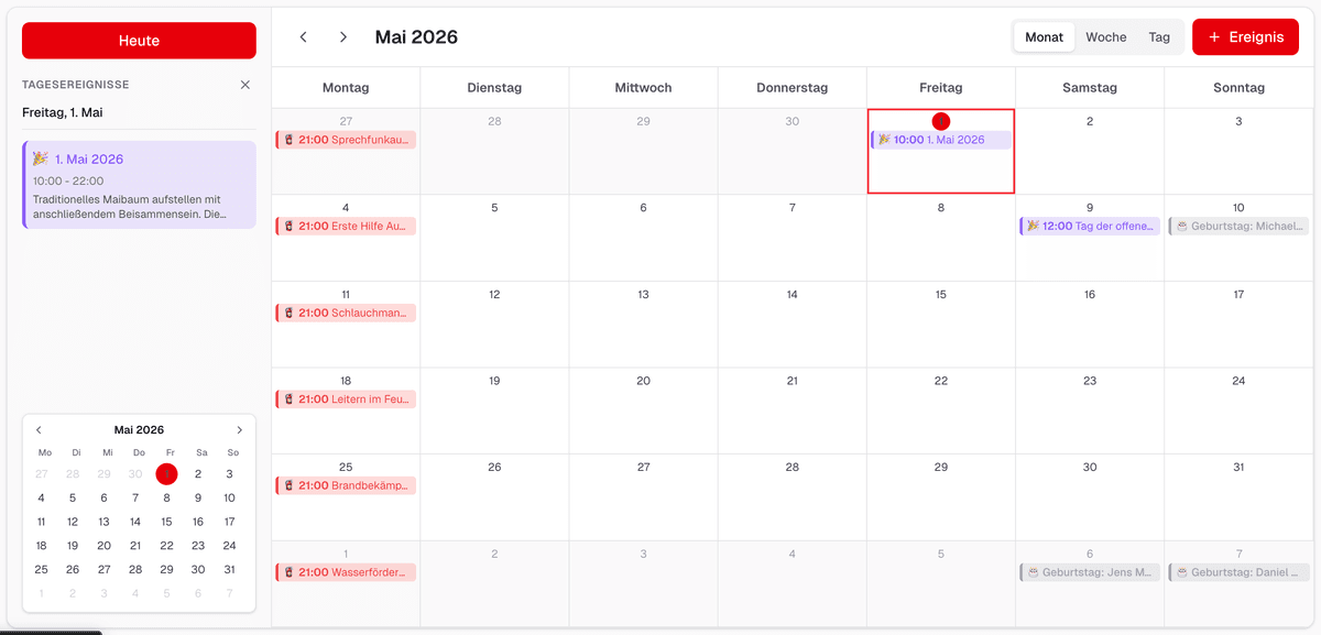 Screenshot des Übungsabend-Kalenders mit Monatsansicht, Tagesereignissen und Mini-Kalender